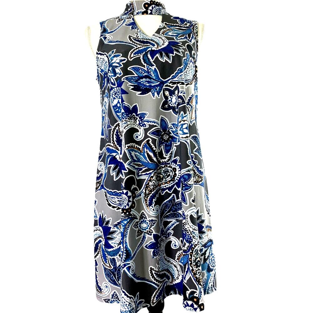 Aryeh Dress Womens Small Blue Gray Paisley Stretch Knit‎ Sleeveless Summer